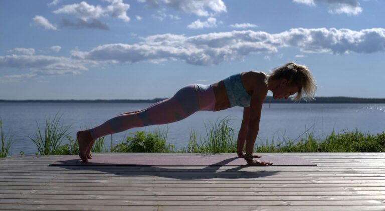 Pooja Kumar, Certified Fitness Trainer, demonstrating core and shoulder exercises, including plank variations.