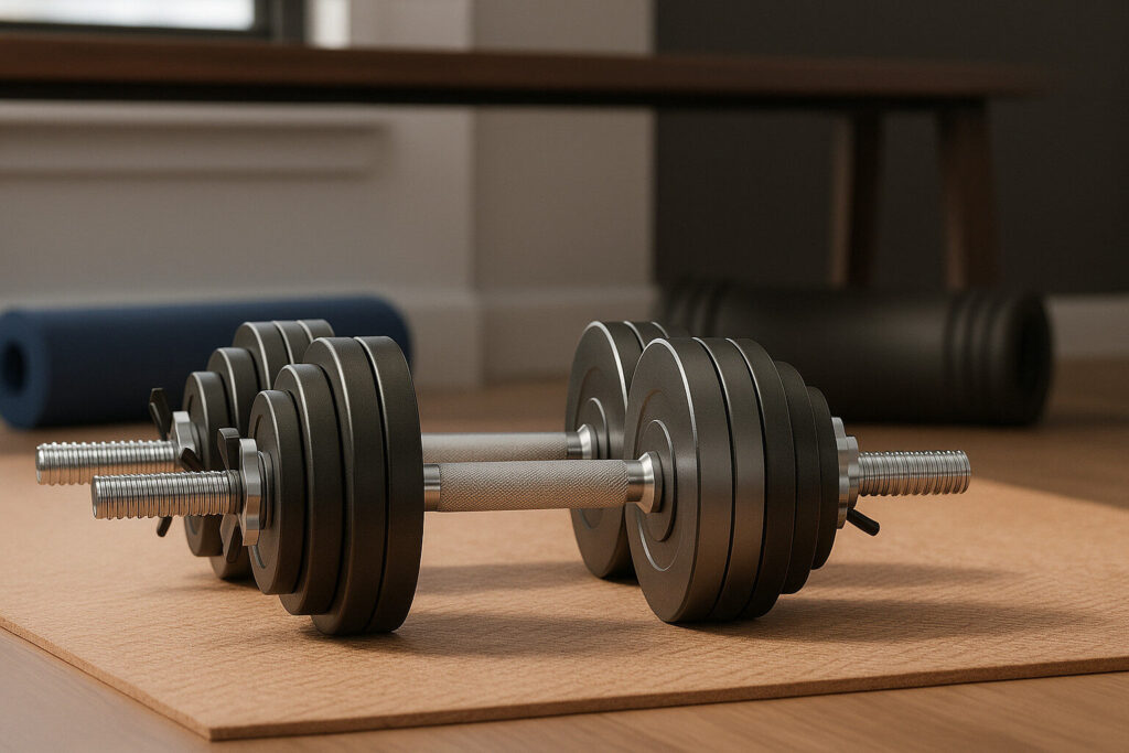 Adjustable dumbbell set on a gym mat in a home workout setup, ideal for strength training and space-saving fitness at home in India