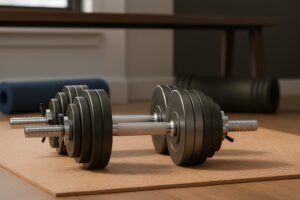 Adjustable dumbbell set on a gym mat in a home workout setup, ideal for strength training and space-saving fitness at home in India
