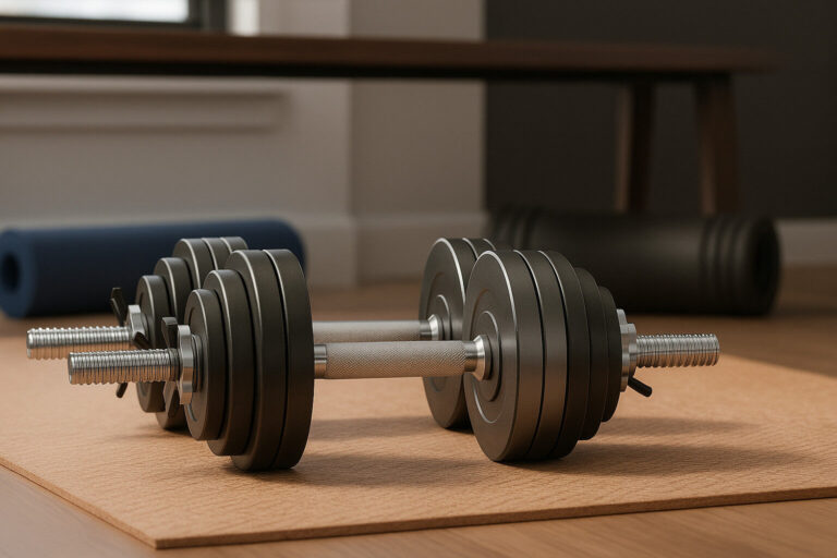 Adjustable dumbbell set on a gym mat in a home workout setup, ideal for strength training and space-saving fitness at home in India